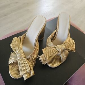 Gold Pleated Bow High Heel Mules - Women